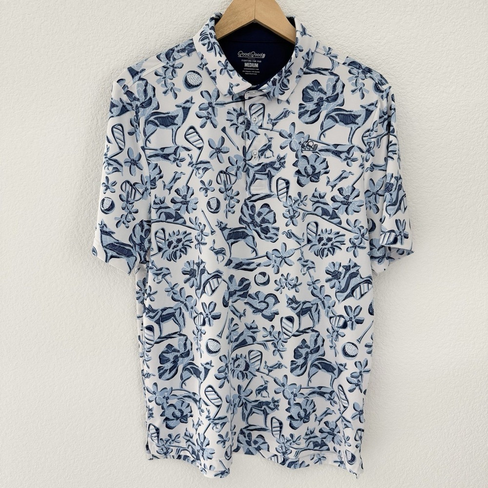 Good Good Mens Wolf Coyote Golf Polo Shirt Medium Blue White Floral Performance